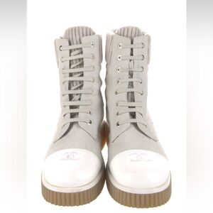 Interlocking CC Chanel Combat Boots Grey and Cream size 12 / 42